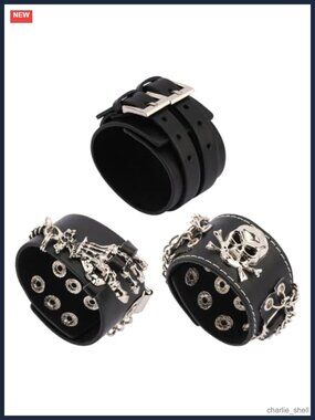Faux Leather Studded Skull Cuff Bracelet Set Punk Biker 3Pc